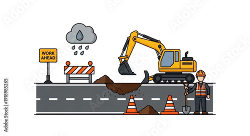 Road Construction Site with Excavator.