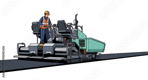 Road Construction Worker Operating Paver.