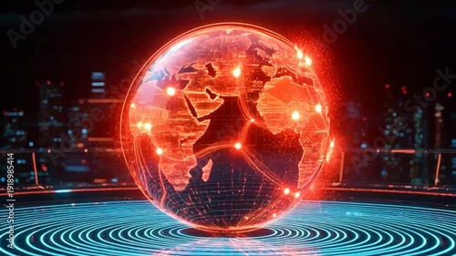 Global network connection with glowing earth at night
