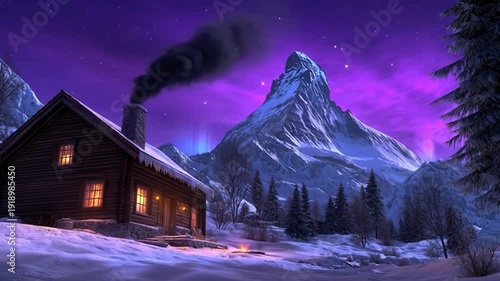 Cozy cabin in snowy mountains at dusk with purple sky
