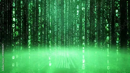 Futuristic digital rain with green binary code flowing down