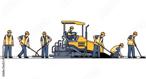 Road Construction Workers with Paver Machine.