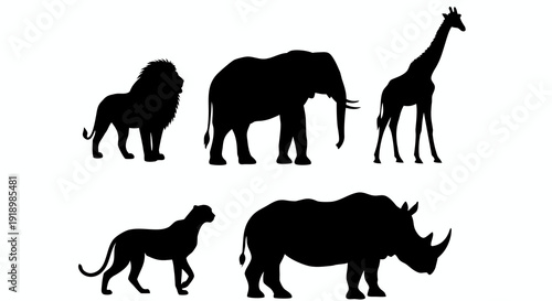 Black and white silhouette illustration of African savanna animals including a lion elephant giraffe cheetah and rhinoceros