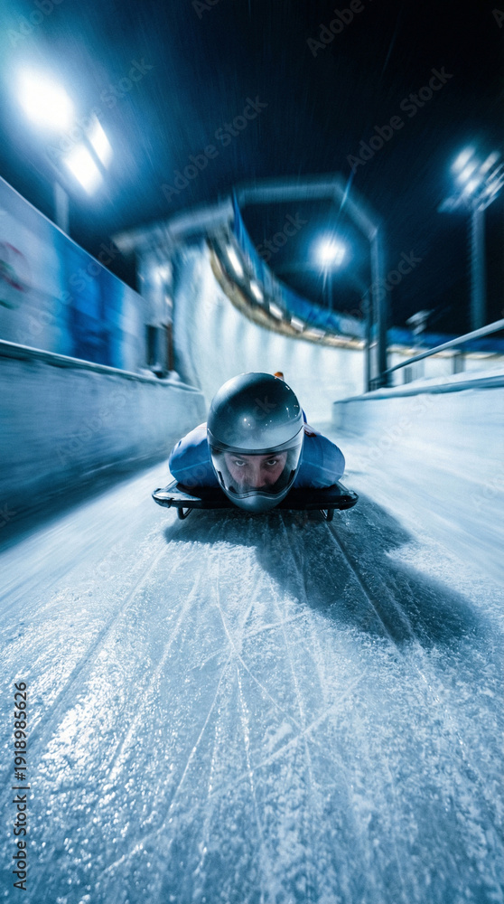 Fototapeta premium Point of view of a skeleton athlete sliding down an ice bobsleigh track at high speed, extreme winter sports competition, POV perspective with motion blur and cinematic lighting, professional winter