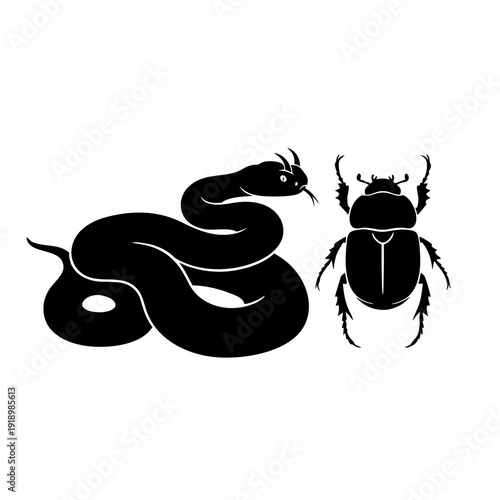 Black and white silhouette illustration of a horned desert viper snake facing a beetle on a white background