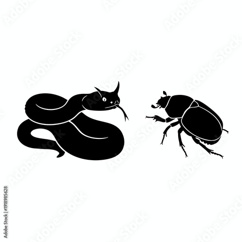 Black and white silhouette illustration of a horned desert viper snake facing a beetle on a white background