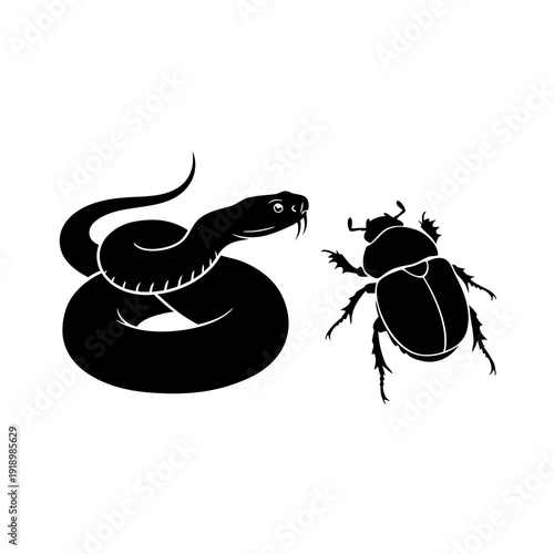 Black and white silhouette illustration of a coiled snake looking at a beetle on a white background