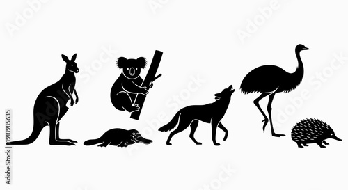 Black and white silhouette illustration of a collection of Australian wildlife including a kangaroo koala platypus dingo emu and echidna