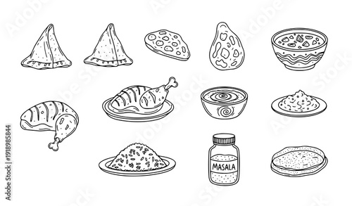Hand Drawn Indian Cuisine Doodle Outline Vector Set