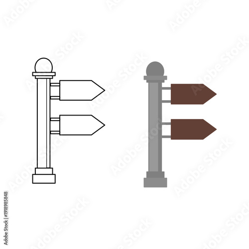 ector illustration of wooden signpost with two right pointing arrows in flat color and black outline styles. Isolated on light background. Suitable for navigation, wayfinding, direction concept.