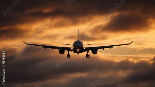 Wallpaper Mural Commercial airplane landing against a dramatic sunset sky at dusk Torontodigital.ca