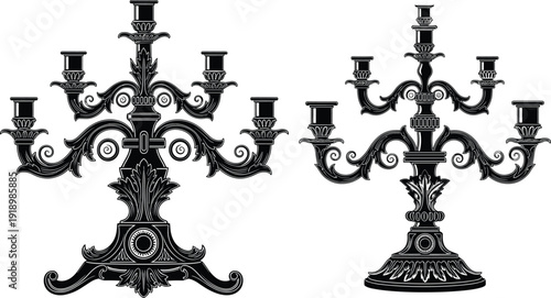 Flat vector illustration of ornate vintage candelabras, classical decorative design, antique candle holders, symmetrical scrollwork, floral motifs, ornamental artwork