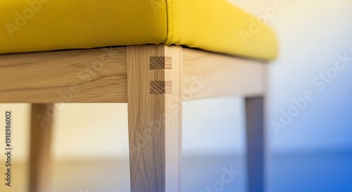 Close-up of a wooden chair leg with yellow cushion, showcasing natural wood grain and minimalist design