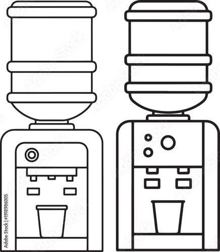 Two outline water cooler dispensers with bottles and cups, simple line drawing, office appliance icon, vector illustration