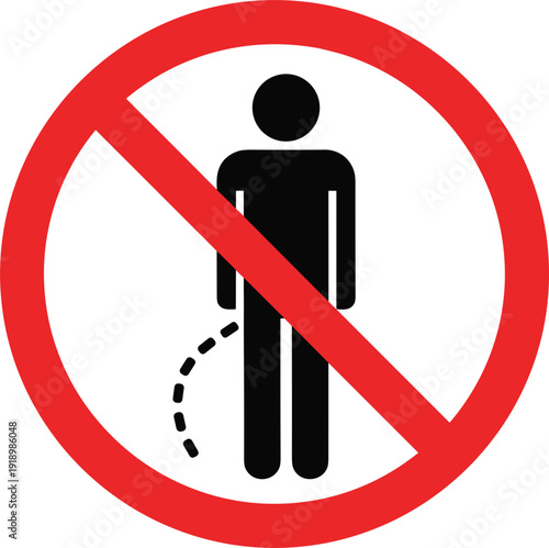 Flat vector illustration of prohibition sign, red circle with diagonal line, no public urination symbol, hygiene, cleanliness, warning icon