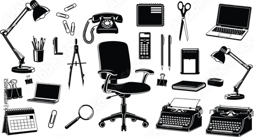 Black vector silhouette set of office supplies including desk chair desk lamp laptop typewriter calendar calculator scissors and telephone for workspace and business branding