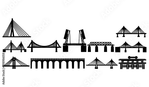 Various Bridge Types Silhouette Pack Including Cable Stayed Truss and Drawbridge Vector Icons