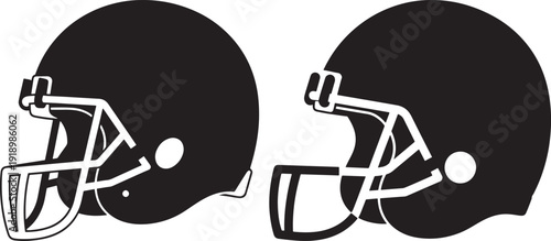 Pair of black American football helmets, sport protective gear silhouette, isolated on white background, vector graphic