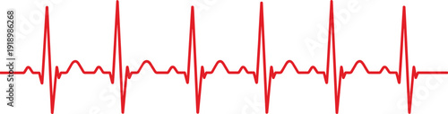 Flat vector illustration of red electrocardiogram waveform, heart rhythm line, medical monitoring, sinus rhythm, cardiac cycle, healthcare design artwork