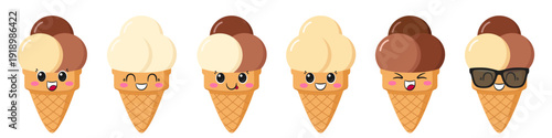 Set ice cream vanilla and chocolate, scoops in a waffle cone, cute cartoon character, summer dessert, happy smiling face, big eyes, emotions joy, kawaii style, vector illustration.