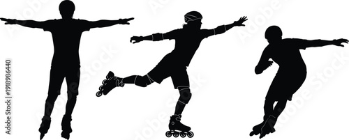 Flat vector illustration of rollerblading silhouettes, three dynamic poses, protective gear, helmet, knee pads, elbow pads, sport motion balance artwork
