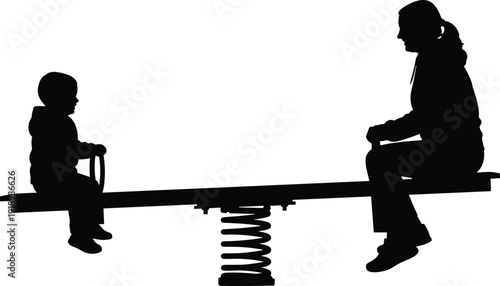 Flat vector illustration of seesaw silhouettes, child and adult interaction, balance concept, spring mechanism, playful design, relationship dynamics artwork