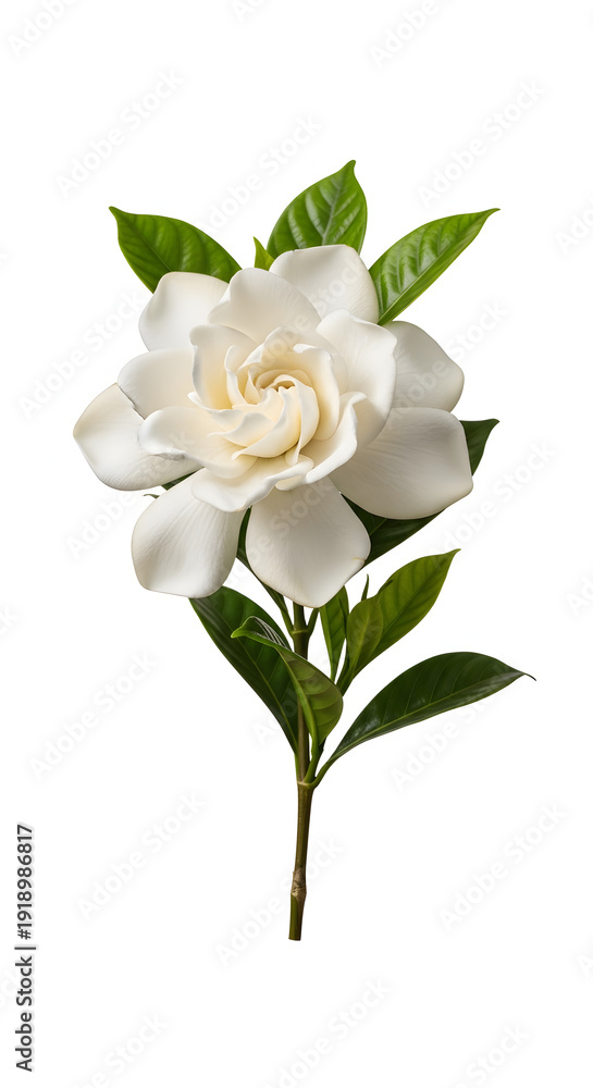 Obraz premium Beautiful white gardenia flower with green leaves, isolated on a white background, showcasing its delicate petals and fresh appearance.