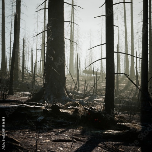 Canvastavla Long shadows across ashen forest floor with scattered charred trunks, pale sunli