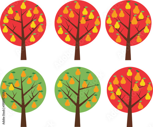 Colorful vector set of stylized fruit trees with yellow pears on green and red circular backgrounds for autumn harvest agriculture and nature branding (24 words)