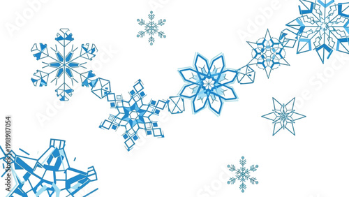 Collection of intricate blue snowflakes on a white background with a delicate floral pattern and various star shapes.
