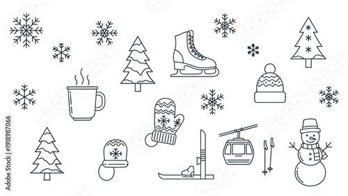 A black and white line drawing of various winter sports and holiday icons on a plain white background.