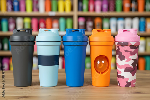 colorful shaker bottles on wooden table in front of bookshelf