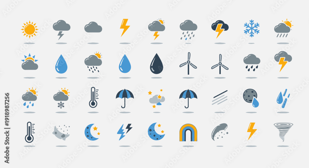 Fototapeta premium Collection of weather icons depicting various climate conditions and natural phenomena