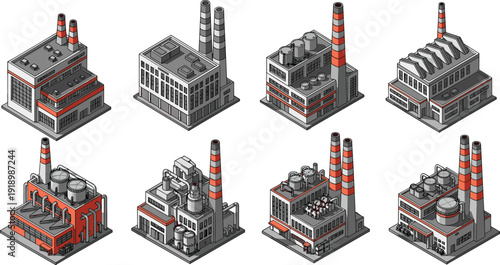 Isometric vector illustration set of industrial factory buildings with smoke stacks warehouses and power plants for manufacturing energy production and urban infrastructure branding