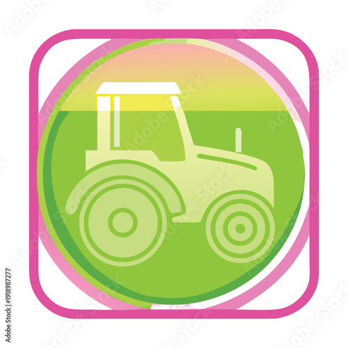 A vibrant green tractor illustration set against a field of crops.

