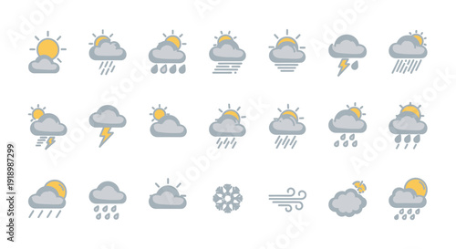 Collection of weather icons displaying various conditions including sun, rain, snow, and storms via different visual representations