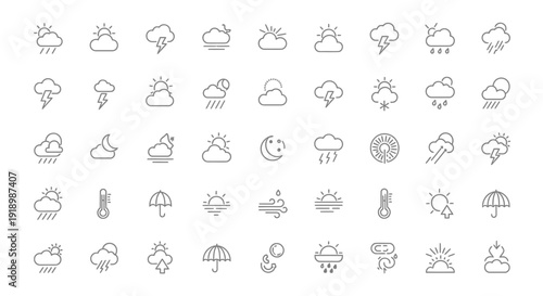 Collection of simple line icons representing various weather conditions and symbols displayed in a grid view