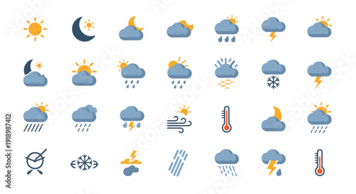 Collection of weather icons depicting various conditions including sun, moon, clouds, rain, and temperature