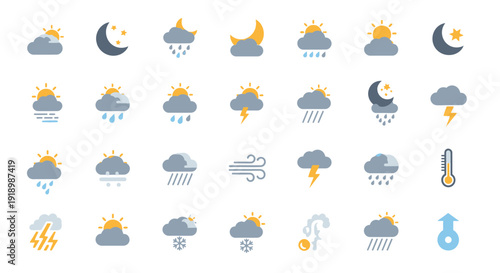 Collection of weather icons representing various conditions like rain, sun, moon, and clouds, displayed in a grid layout.