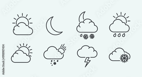 Collection of simple weather icons depicting various conditions including sun, moon, clouds, rain, wind, and lightning