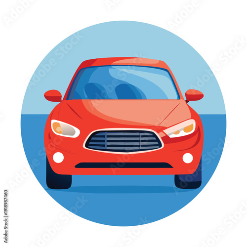 A vibrant red car driving on a clear blue road with a white circular background.

