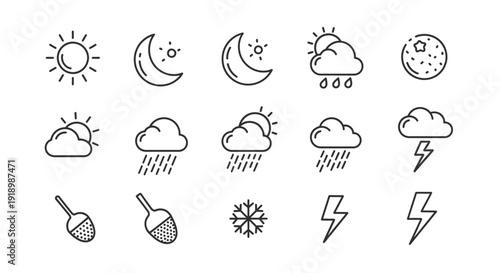 Weather icons set illustrating various forecast conditions including sunshine, moon phases, clouds, rain, snow, and lightning from different viewpoints