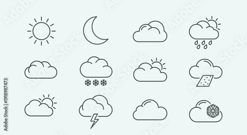 Collection of simple weather icons including sun, moon, clouds, and various weather conditions