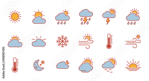 Collection of weather icons illustrating various climate conditions and forecast symbols in a simple line art style