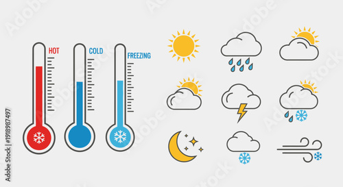 Illustration of various weather conditions and temperature readings on thermometers