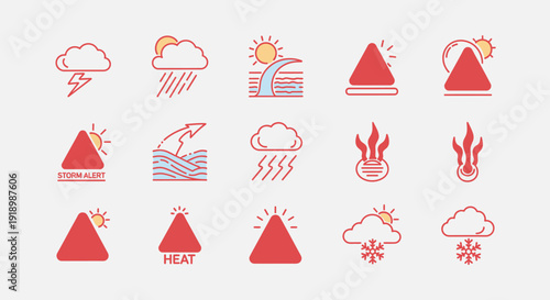 Collection of red icons depicting various natural disasters and weather phenomena