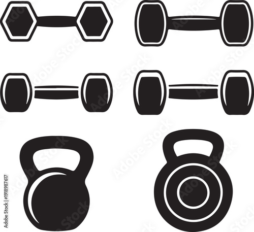Black and white silhouette icons of various dumbbells and kettlebells for fitness and workout routines