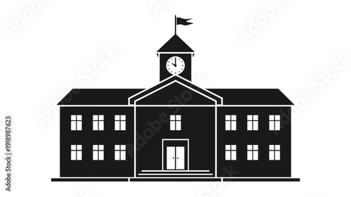 A simple black silhouette depicts a classic two story building with a clock tower
