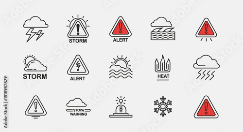 Collection of weather warning signs and symbols illustrating various storm alerts and hazardous conditions