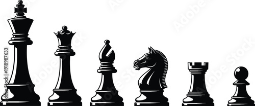 Black vector silhouette set of classic chess pieces including king queen bishop knight rook and pawn for strategy gaming competition logic and business branding